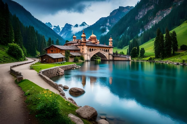 Um lago com uma igreja no topo