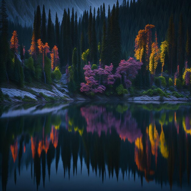 Um lago com uma montanha ao fundo e uma árvore com folhas vermelhas e uma montanha