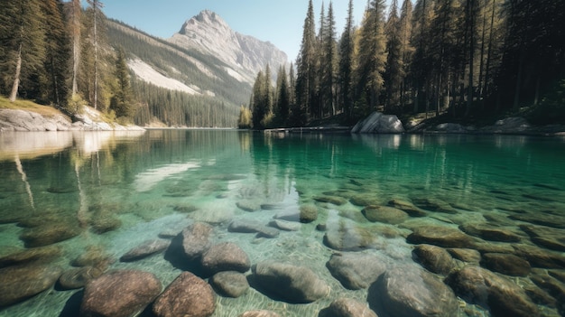 Um lago com uma montanha ao fundo