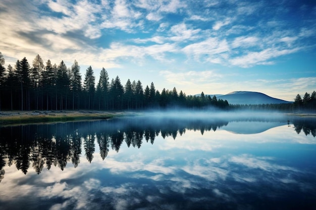 Um lago com uma montanha ao fundo