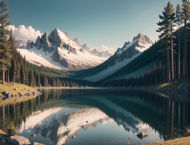 Um lago com uma montanha ao fundo