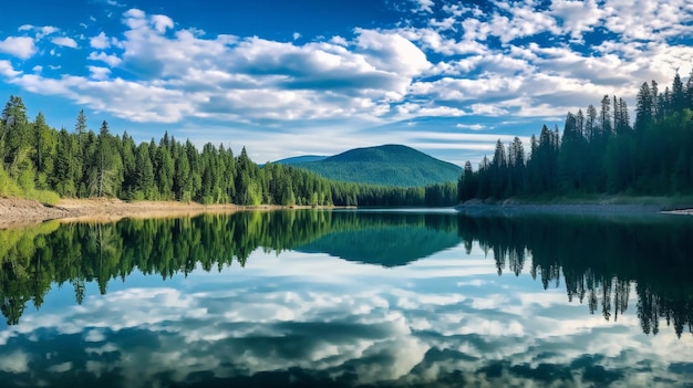 Um lago com uma montanha ao fundo