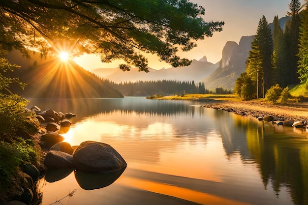 Foto um lago com uma montanha ao fundo