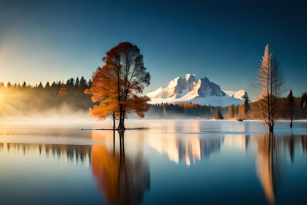 Um lago com uma montanha ao fundo