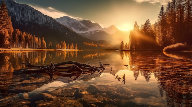 Um lago com uma montanha ao fundo