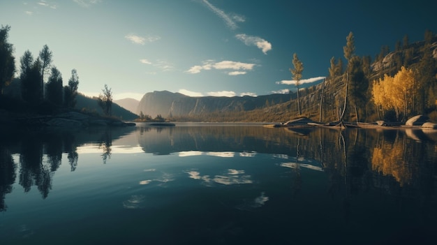 Um lago com uma montanha ao fundo