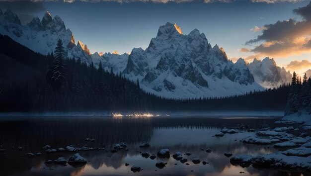 Um lago com uma montanha ao fundo