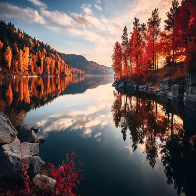 um lago com uma montanha e árvores no fundo