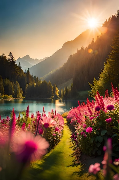 Um lago com uma montanha e flores em primeiro plano
