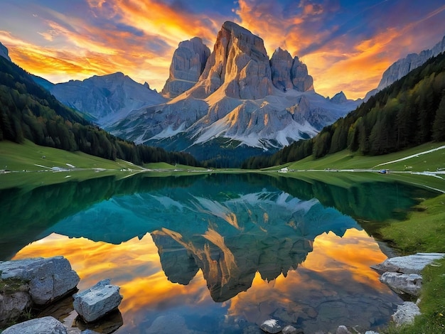 um lago com uma montanha no fundo maravilhoso reflexo do céu belos reflexos