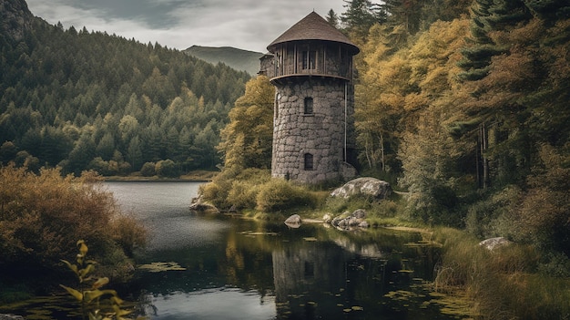 Um lago com uma torre e uma floresta ao fundo