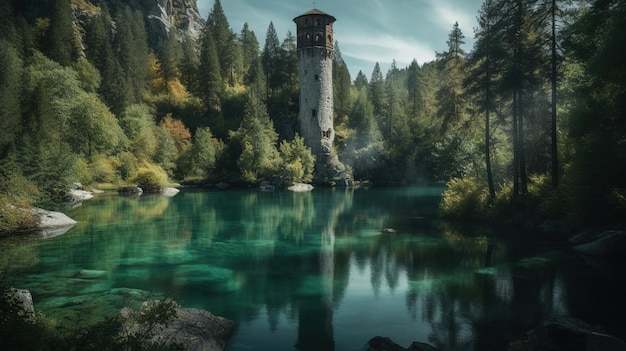 Um lago com uma torre no meio