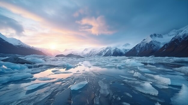 Um lago congelado com icebergs e montanhas ao fundo