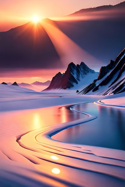 Um lago congelado com uma montanha e o sol brilhando sobre ele