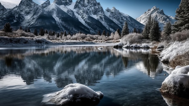 Um lago congelado intocado com montanhas cobertas de neve geradas por IA