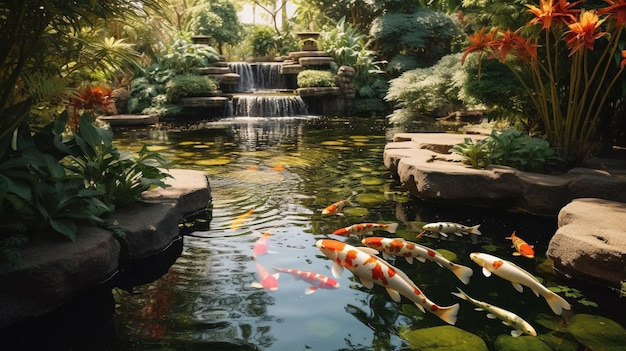 Foto um lago de carpas com uma cachoeira ao fundo