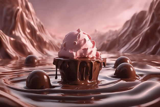 Um lago de chocolate com sorvete estilo cinematográfico composição perfeita bonito detalhado