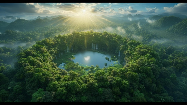 Um lago de cratera verde exuberante cercado por uma densa selva com raios de sol brilhando através das nuvens