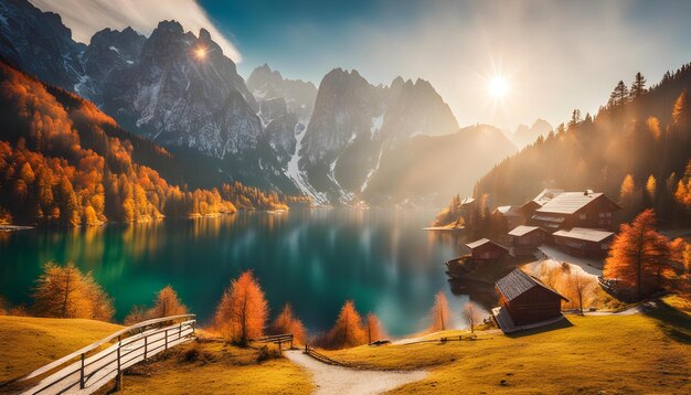 Foto um lago de montanha com casas na margem de um lago de montaña