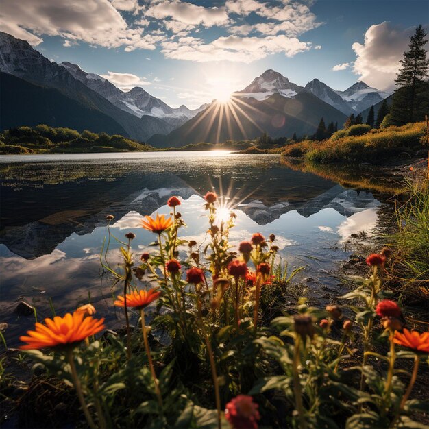 um lago de montanha com flores e montanhas ao fundo