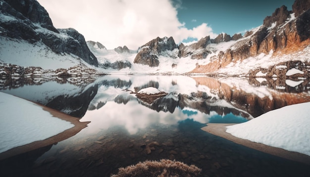 Um lago de montanha com neve nas montanhas ao fundo