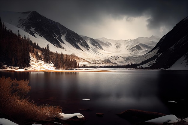 Um lago de montanha com neve nas montanhas ao fundo