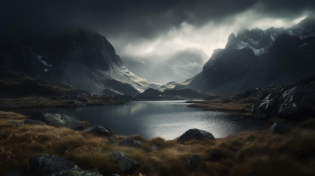 Um lago de montanha com nuvens e um céu nublado