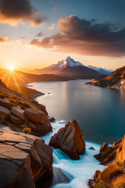 Um lago de montanha com o sol se pondo atrás dele