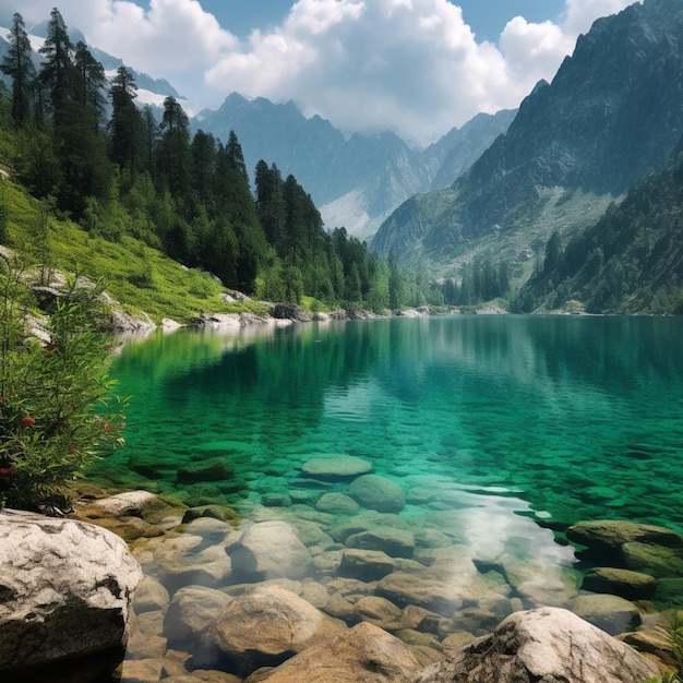 Um lago de montanha com pedras na água