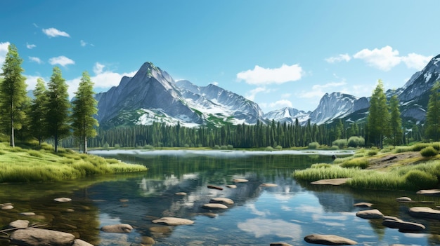 Um lago de montanha com rochas em primeiro plano e montanhas ao fundo.