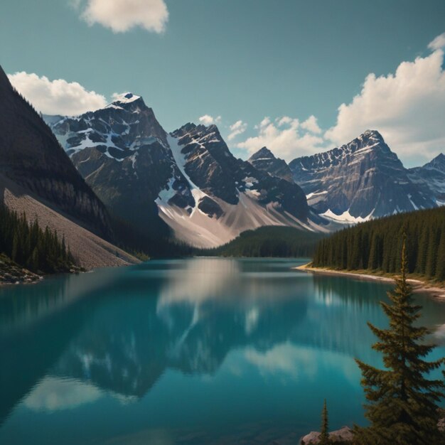 Um lago de montanha com um lago e montanhas ao fundo