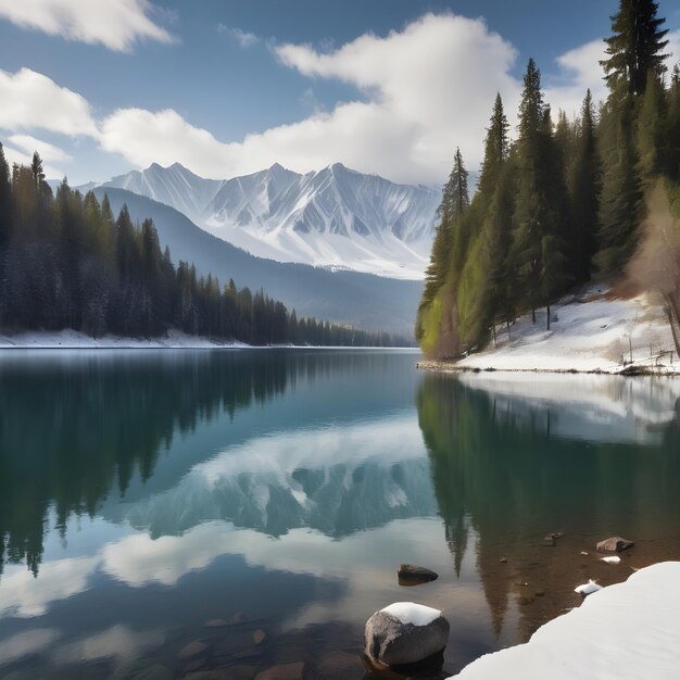 Foto um lago de montanha com um lago e montanhas ao fundo