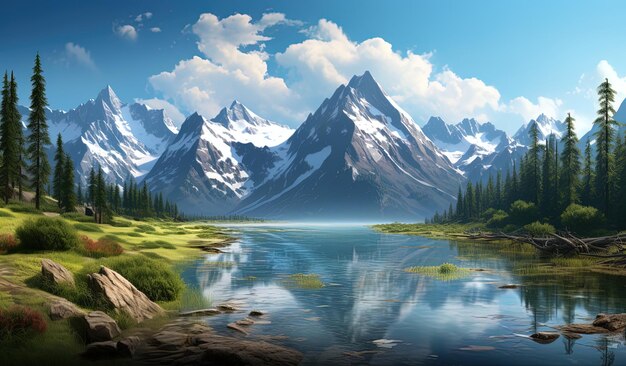 um lago de montanha com um lago no meio dele