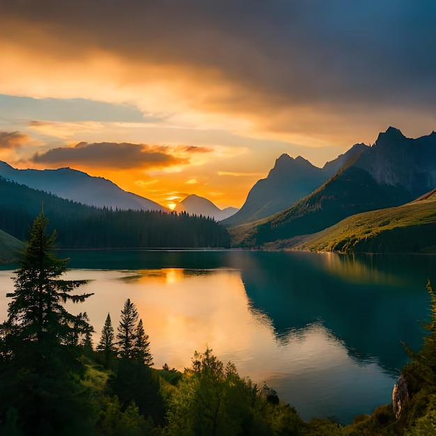 Um lago de montanha com um pôr do sol ao fundo