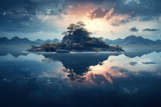 Um lago de montanha com uma árvore no topo