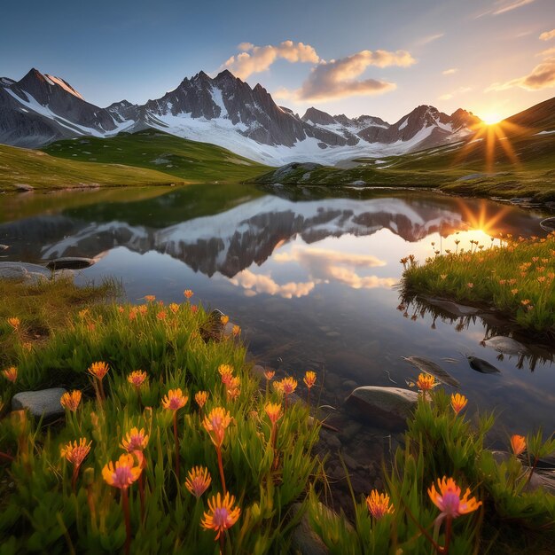 Um lago de montanha com uma montanha ao fundo e algumas flores no chão.