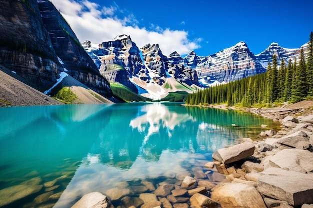 Um lago de montanha com uma montanha ao fundo e uma montanha no fundo