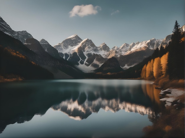 Um lago de montanha com uma montanha ao fundo