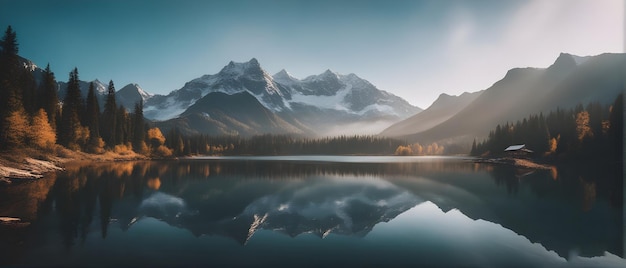 Um lago de montanha com uma montanha ao fundo.