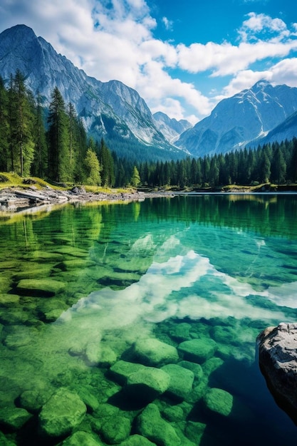 Foto um lago de montanha com uma montanha ao fundo