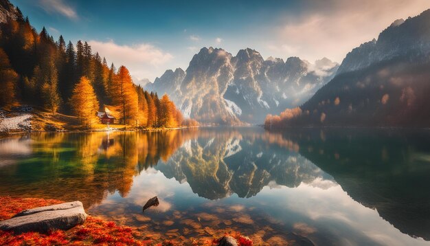 Foto um lago de montanha com uma montanha ao fundo