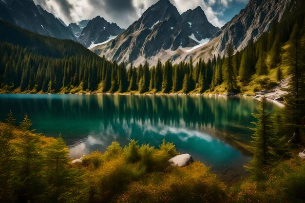 Um lago de montanha com uma montanha ao fundo.