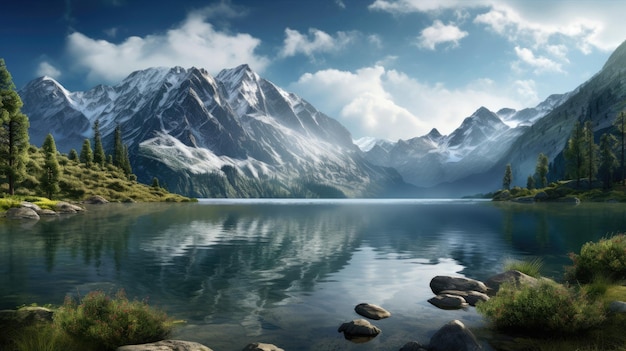 um lago de montanha com uma paisagem de montanha ao fundo