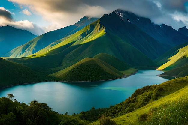 Um lago de montanha nas montanhas com um lago azul e um céu nublado