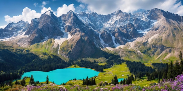 Um lago de montanha nos Alpes