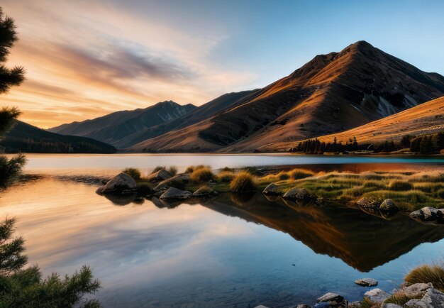 Foto um lago de montanha sereno durante os momentos pacíficos do crepúsculo paisagem papel de parede