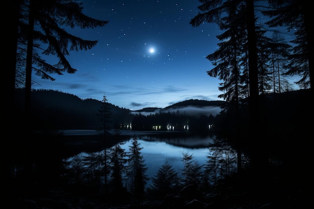 um lago e árvores à noite com uma estrela no céu