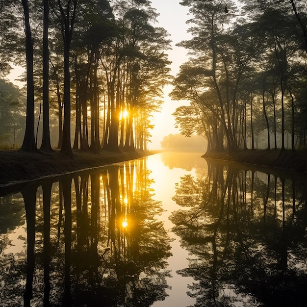 Um lago e árvores com o nascer do sol da manhã vista do lago da manhã