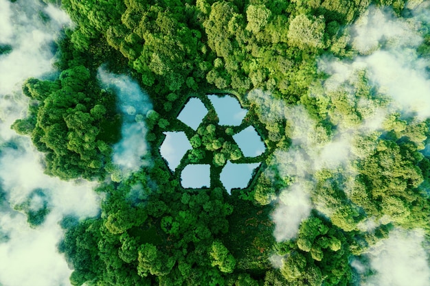 Um lago em forma de placa de reciclagem em meio a uma natureza intocada. Uma metáfora ecológica para a gestão de resíduos ecológicos e um estilo de vida sustentável e econômico. Renderização 3D.