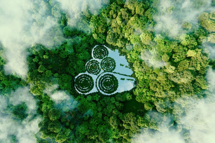 Foto um lago em forma de toras no meio de uma floresta que serve de metáfora para a indústria madeireira sustentável e a questão do desmatamento. renderização 3d.
